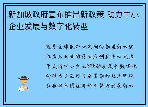 新加坡政府宣布推出新政策 助力中小企业发展与数字化转型