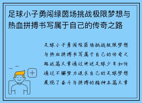足球小子勇闯绿茵场挑战极限梦想与热血拼搏书写属于自己的传奇之路