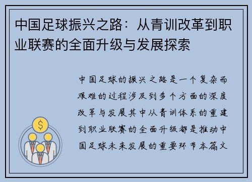 中国足球振兴之路：从青训改革到职业联赛的全面升级与发展探索